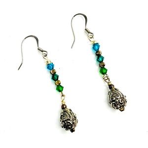 Artisan Crafted Green Swarovski and Metal Drop Earrings